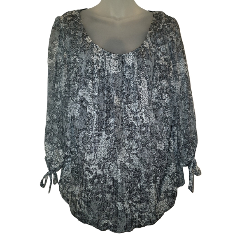 CB ESTABLISHED 1962; Women's Vintage Gray/Black Floral Tie Sleeve Blouse, Sz 1X